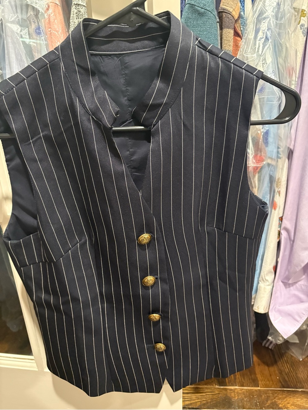 Navy Pinstripe Gold Button Vest
